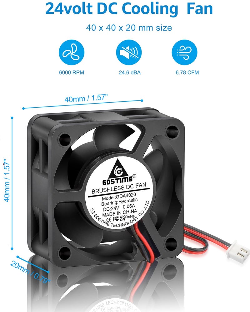 GDSTIME 40mm Brushless Cooling Fan, 40mm x 40mm x 20mm 24V DC Fan 2Pin 6000RPM for 3D Printer 2-Pack - Image 3